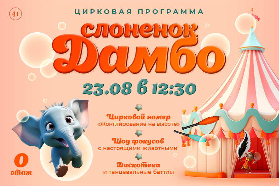 Цирковая программа «Слонёнок Дамбо» в ТРЦ «Щёлковский» Цирковая программа «Слонёнок Дамбо» в ТРЦ «Щёлковский»